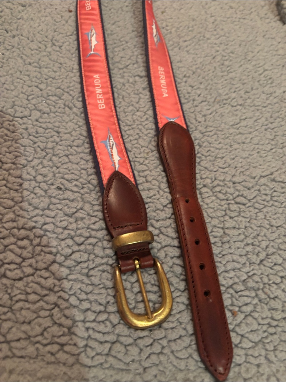 YRI Men's Brown Leather-trim Belt with Coral Ribbon - Bermuda Marlin Accent
